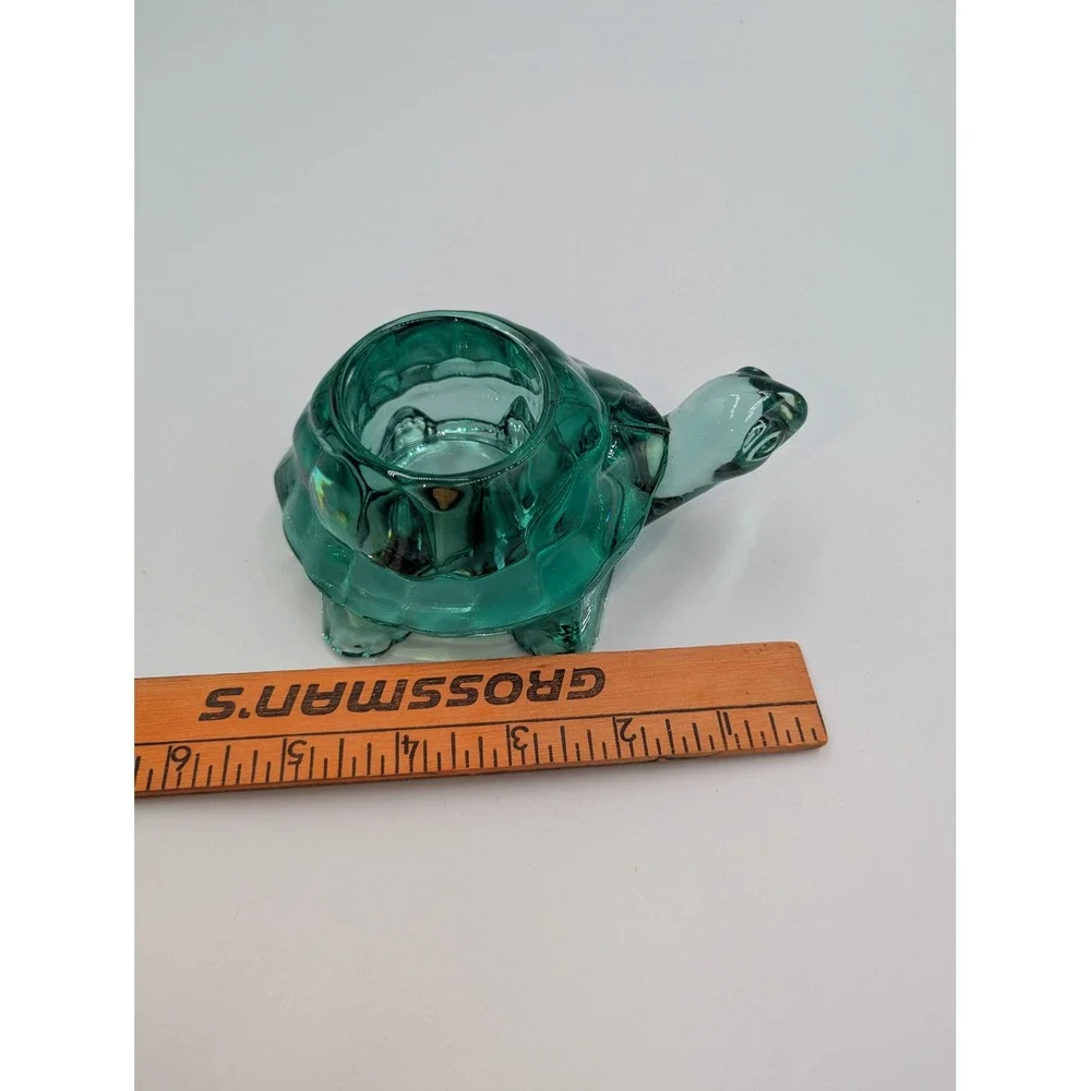 Vintage Indiana Glass Turtle Votive Holder Teal Green Figurine Trinket Dish